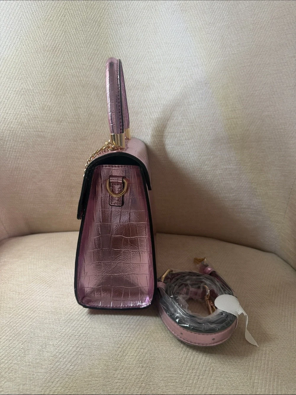 Source Unknown Metallic Pink Croc-Embossed Top Handle Satchel with Gold Chain